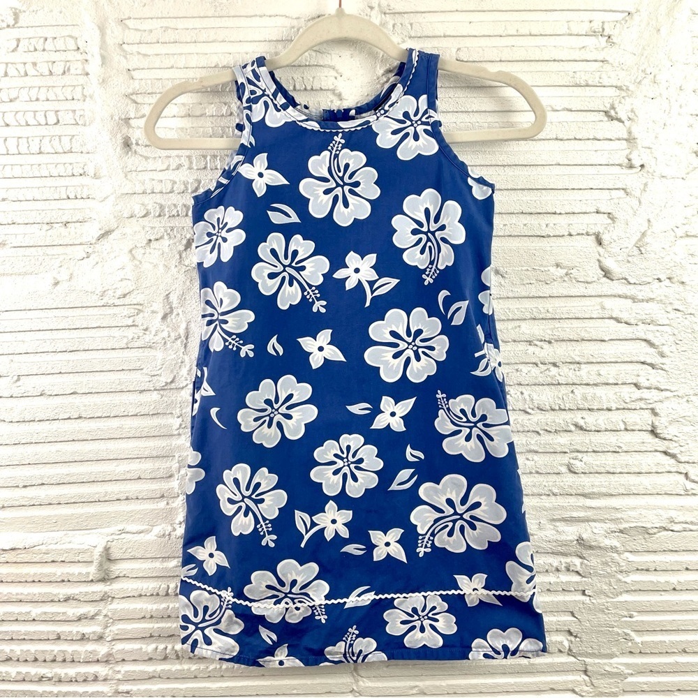 Lands' End Girl's Blue Tropical Floral Sleeveless Sheath Dress 100% Cotton SZ 7